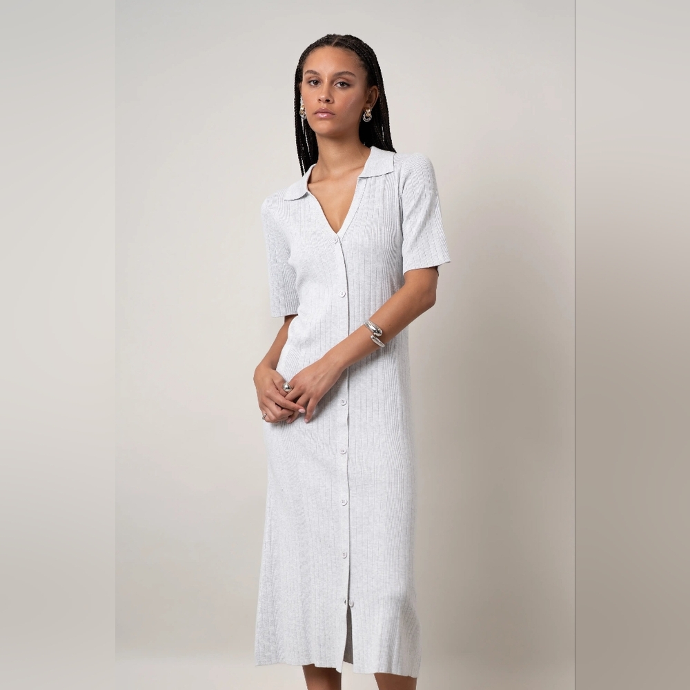 NWT - Devotion by Cyrus Button Front Rib Knit "Silver Heather Grey" Polo Midi -M
